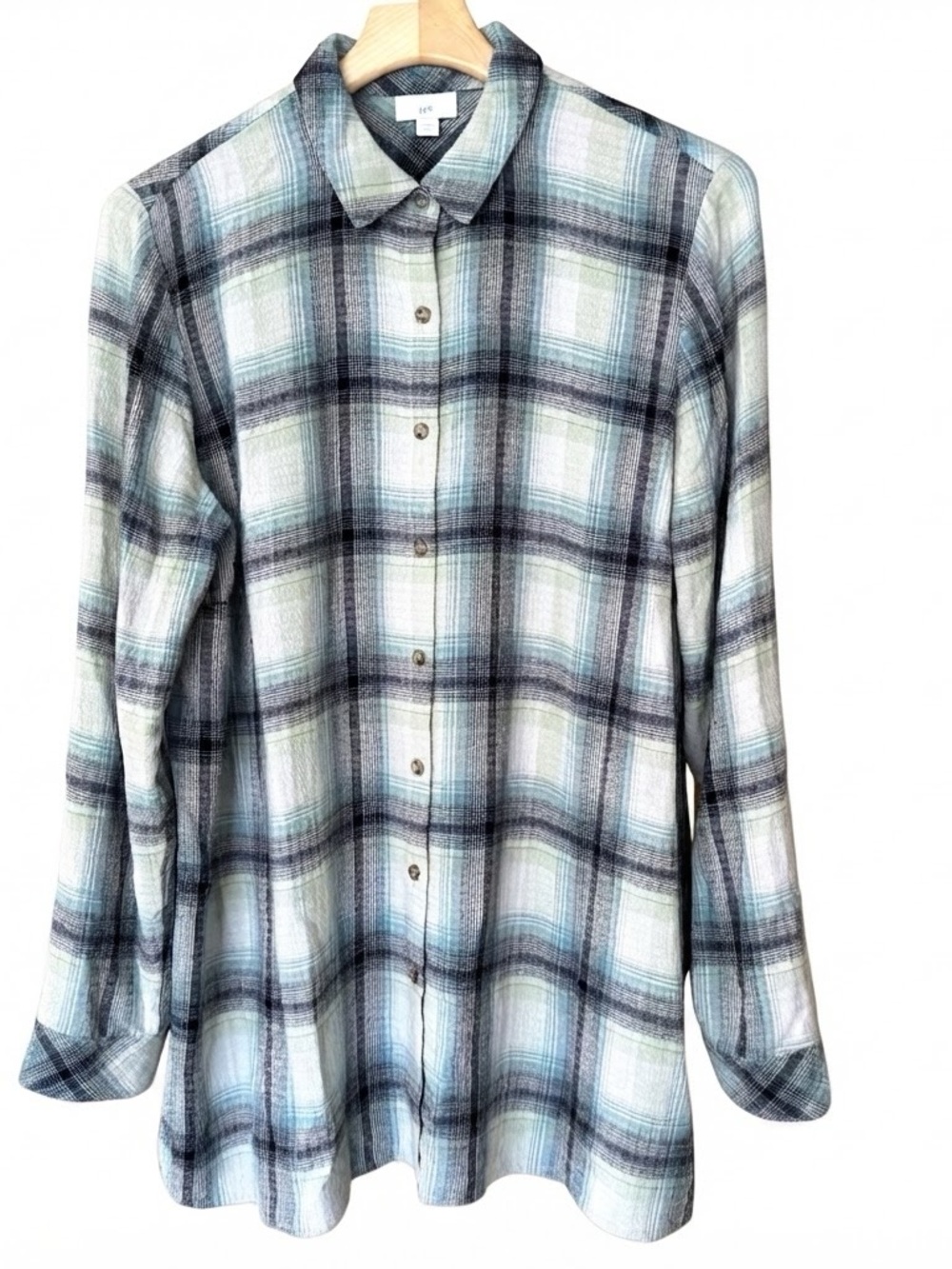 J. Jill Shirt Sz L Tall Button Down Long Sleeve Green White Plaid Top Cabincore